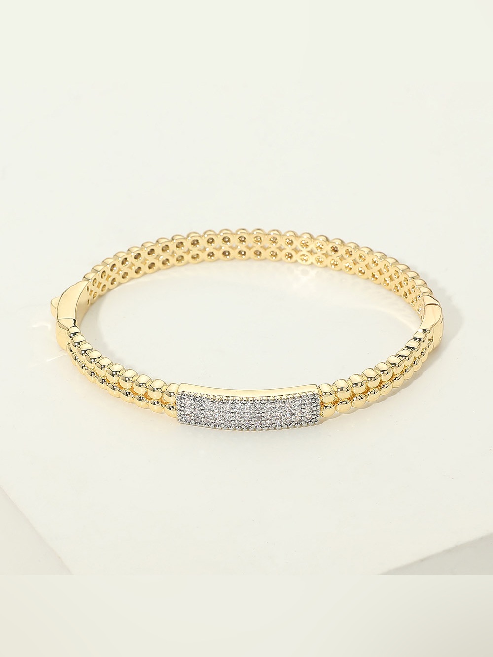 14K Gold Plated CZ Pave Bar Accent Beaded Hinged Bangle Bracelet